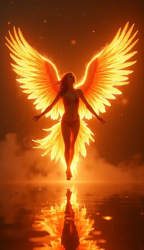 As the performance reaches its climax, the woman transforms into a majestic phoenix. Her body becomes engulfed in glowing flames that take the shape of vibrant, fiery wings. She continues her graceful dance mid-air, her glowing feathers radiating shades of...