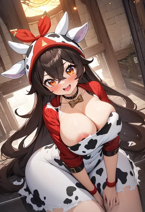 8k, masterpiece, best quality, ultra detailed, Ultra-high resolution, Highly detailed CG, break, 1girl, amber(genshin impact), kawaii, nsfw, big breasts, slender, (cow girl costume:1.2), full body, indoors, sitting on sofa
