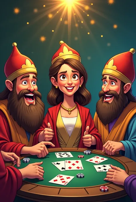  Draw a group of friends called “Prive” celebrating with a dinner with a Bolognese woman on a table set up for black jack and all dressed up as the Three Wise Men . Use cartoon style 