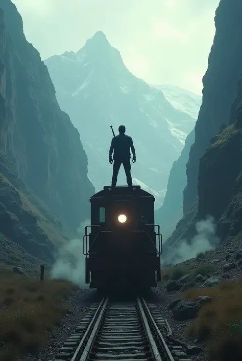 A cinematic intro named title 
 payanam a hero on above the  train  mountain 