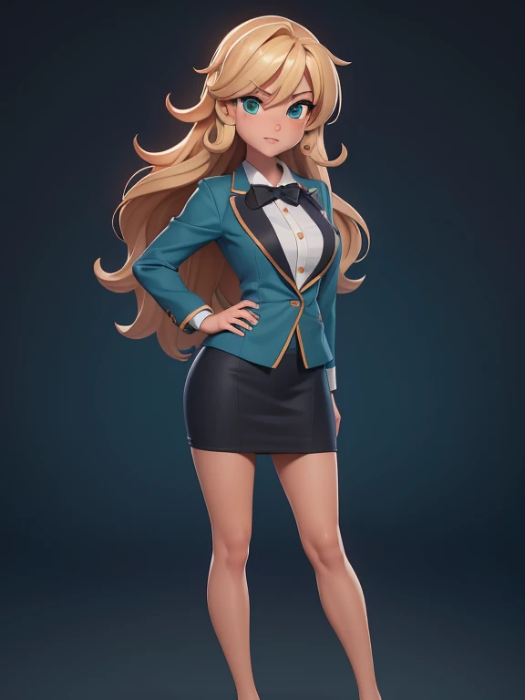 
score_9, source_cartoon, best quality, high resolution, unity 8k wallpaper, 1girl, 36yo woman, sports commentator, wavy blonde hair, emerald eyes, tan-olive skin, a dark blue blazer, dark blue pencil skirt, a Full Shot body portrait, looking at the camera...