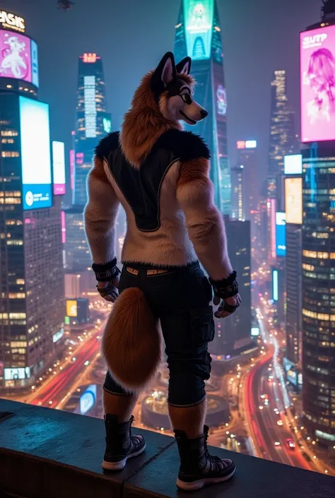 adult male anthropomorphic dog with a muscular build, wearing a neon-lit outfit suited for a cyberpunk cityscape.  Its coat is a mix of brown and black , and his glowing yellow eyes stand out against the futuristic backdrop . He is wearing a stylish, tight...