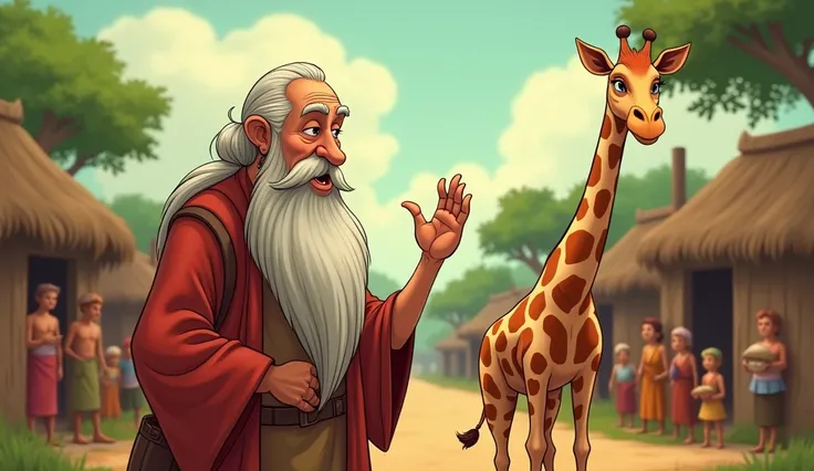 A wise-looking village elder steps forward, raising his hand to calm the villagers. The giraffe stands behind him, looking both relieved and curious. Villagers look on, beginning to calm down. Small village cartoon.