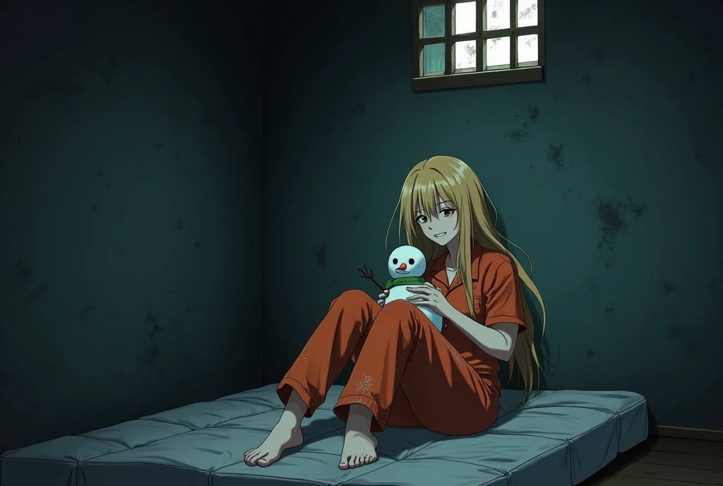  anime-style lantern,  Adult Woman, with pale skin,  with very long blonde hair , dirty,  in a dirty orange prison jumpsuit , barefoot, without shoes, tired,  smiles a little , holds a toy New Years snowman,  sitting in the corner in a dirty prison cell on...