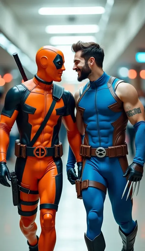 Two young men like each other..  a male wearing an orange Deadpool costume without a mask and a male wearing a blue Wolverine costume without a mask. They wear white armor. They both dont wear masks  .  They wear accessories .  is walking .  They smile hap...