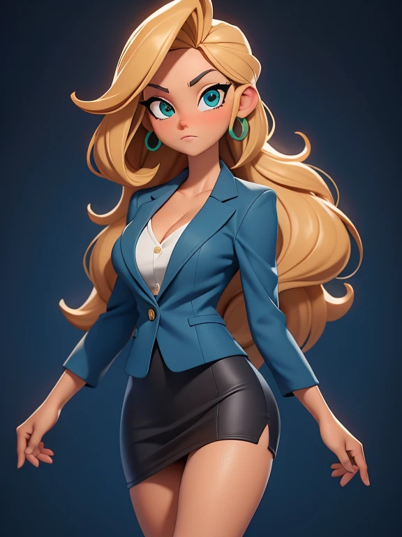 score_9, source_cartoon, best quality, high resolution, unity 8k wallpaper, 1girl, 36yo woman, sports commentator, wavy blonde hair, emerald eyes, tan-olive skin, medium breasts, a dark blue blazer (cleavage), dark blue pencil skirt, a Full Shot body portr...