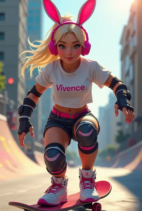 Strong, muscular, Fitness Skater girl, platinum blonde wearing a vivence brand t-shirt, elbo and knee padswearing pink binny ears headphones