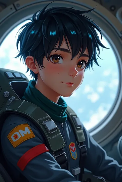 24 year old young man. of 1.75m high. light skin. Short hair with highlights standing up ,  black hair with blue spots on the tips. brown eyes, normal size. Dressed in the uniform of a war pilot inside a plane in space.