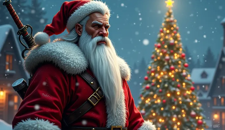  The Witcher as Santa, behind him Christmas tree 
