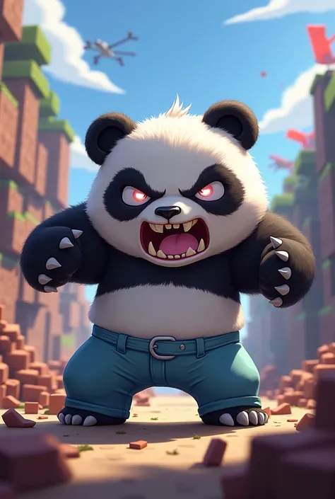 An angry and laughing panda ,  anime version with light blue pants,  sums up this a title naming  "Pandi _lover",  with a background of a Minecraft war 