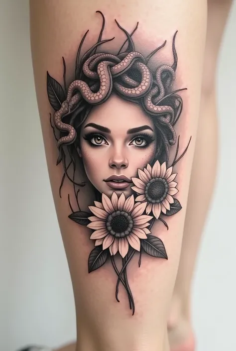 A faint fine line rib tattoo, of snakes, elegant sun flowers and a pair of a womans eyes with slit pupils. A delicate, minimalistic tattoo style of Medusa tattoo 