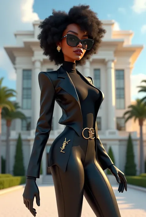 
Image 3d Disney dune femme métisse capverdienne avec un magnifique corps en forme, portant un ensemble veste noir avec col roulé noir, il y a lenseigne Yves Saint Laurent sur la veste, elle porte aussi des gants noir, des grosses lunettes de soleil noir, ...