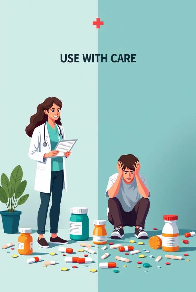 Make a pubmat Title: "Drugs: Use with Care"
Left Side (Positive)
Medical Benefits:
Treat illnesses.
Relieve pain.
Improve health.
Image idea: A smiling doctor with a prescription and neatly arranged medicine.

Right Side (Negative)
Dangers of Abuse:
Addict...