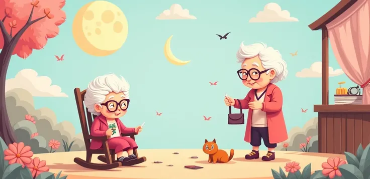 Crreate a playful, whimsical Twitter background featuring a humorous and nostalgic theme based on grandma jokes and old peoples memes. The design should include light pastel colors, like soft pinks, blues, and lavender. Incorporate cartoonish illustrations...