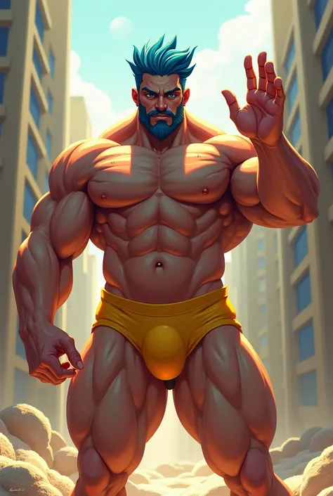 there a digital painting of a 21 year old handsome wasian man with a big musclé very hairy body waving hello, cheveux bleus, (SFW) sans danger pour le travail, corps robuste et trapu, homme technoviking sans chemise, plan moyen dun beau, pose de gâteau de ...