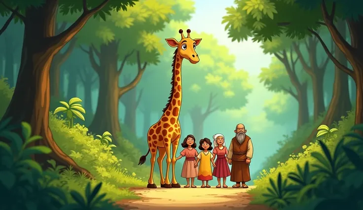 A group of villagers, led by the elder, guides the cartoon giraffe toward a dense forest path. The giraffe looks happy as it heads back to its natural home, surrounded by green trees. Cartoon 

