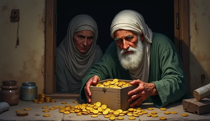 Create a scene of poor old muslim hiding wodden box of gold coins and with poor old wife found him hiding that box in the house watching from the far corner of the house