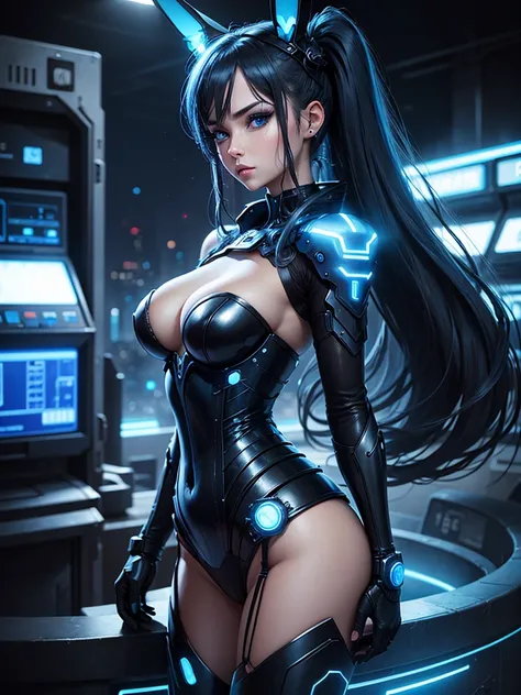 Woman with sexy buttocks,  An angle slightly to the side  , Semi-cyborg, Technical modification. Nice girl,  Beautiful Face ,  Pretty Face ,  camera , Blue metal cybernetic android robot body,bust,살짝옆으로 있는 각도,  is large,  wide hips,  Suit with blue marking...