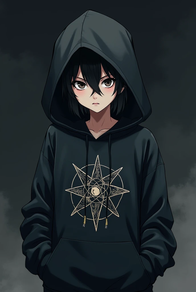  An avatar to use in dark videos on YouTube, character in a sweatshirt ,  with a drawing of a lamen on the fabric , and using a , manga version 