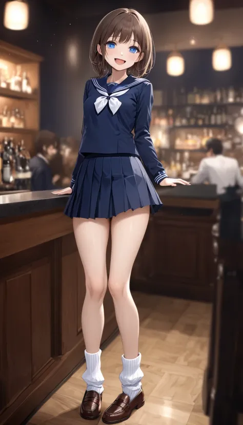  masterpiece,  top quality ,  Thin legs、 Navy blue sailor suit,  Long Sleeve , small breasts,   beautiful detail , fine texture,  fine skin,  beautiful adult woman at the bottom of the room , Alone, Happy smile, ,  open mouth,   deep blue eyes , Brown Hair...