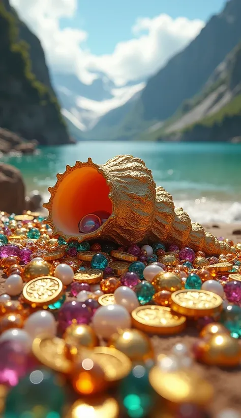  photo this year  ( The camera is on the ground. Low angle shot )  is a 16k close-up image of a lot of 1 (conch)Large with ( Gemstone Rod ,pearl, red gems , Green Gem , Blue Gem , Yellow Gemstone ,Gemstone , Gemstone , Gemstone , Gold Gemstone , Gemstone )...