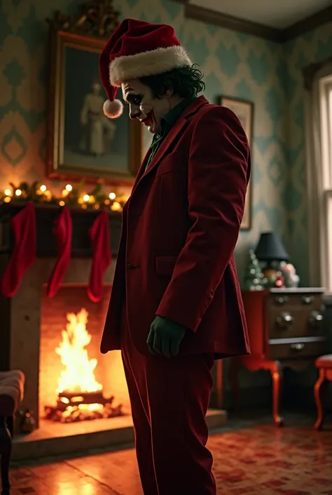 Main Object: Joaquin Phoenix’s Joker wearing a Santa Claus hat, Action or Position: Standing still, gazing intently into a dimly lit fireplace with a faint, melancholic expression, Complete Scene: The Joker is surrounded by a cozy yet eerie Christmas atmos...