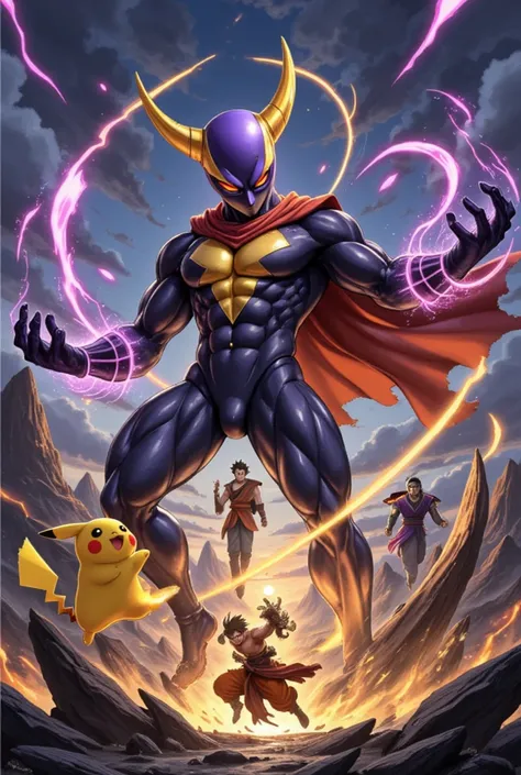 Mewtwo at hyperspeed, accompanied by Pikachu, Goku, Freeza, and Aang, portrayed as detailed fantasy characters. The scene is in 4 resolution, highly detailed with lighting, vibrant colors, composition, epic scale, dramatic lighting, and photorealistic qual...