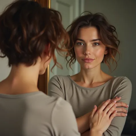 image of an actress , in front of the mirror, Doing exercises for the voice ,  with her arms forward,, 20 to 25 years old. light brunette, short hair.  Realistic image and real human proportions.  High resolution and photographic quality .
