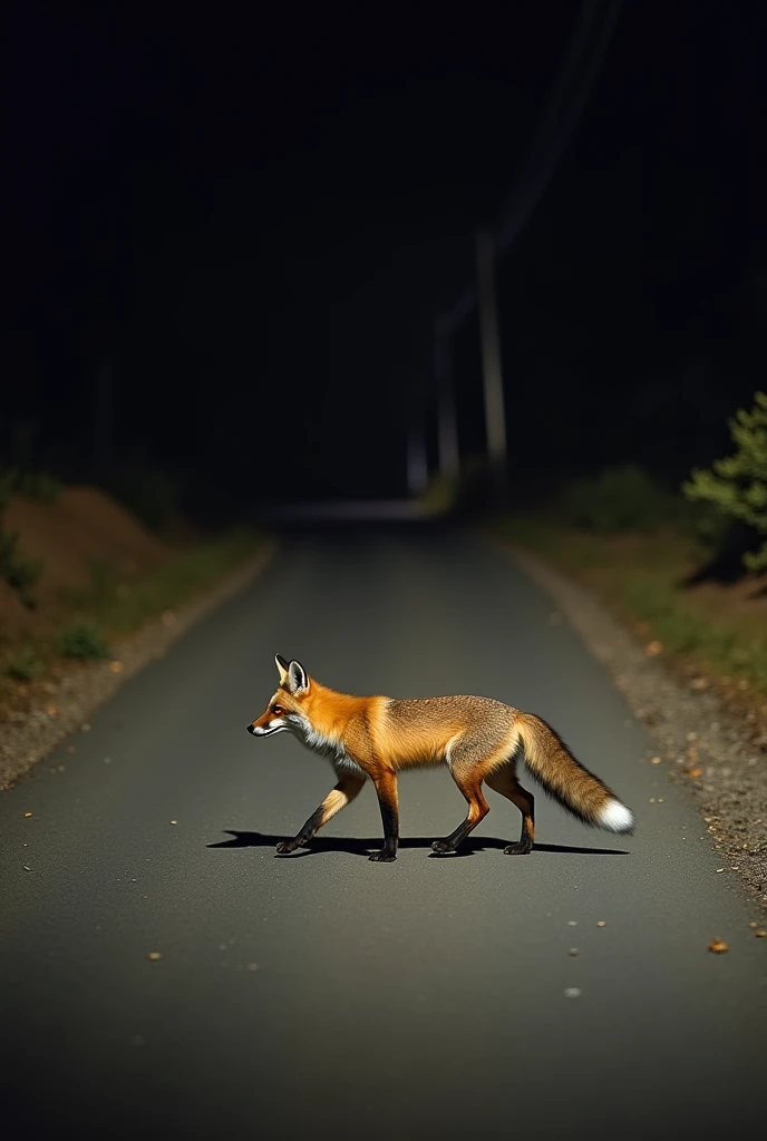 A fox crossing on the 12 feet road, by the side has a small hill area, the fox is focused by a motorcycles  halogen light which is coming on the road but can t see the frame, it is captured at night by DSLRS camera create the photo, light should be dim, th...