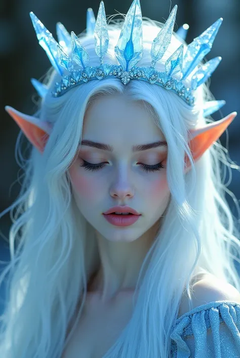 woman, pale, EXTREMELY white , snow-white skin, white as ice , cabelos brancos,  long hair,  vibrant blue eyes, closed features , full lips, pink lips, Fada, pointy ear, evening dress, Blue dress,  winter dress ,  ice crown on the head