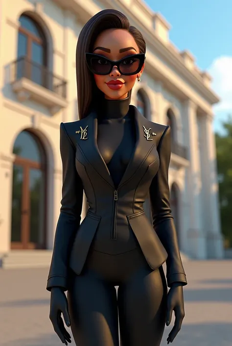 
Image 3d Disney dune femme métisse noire capverdienne avec un magnifique corps en forme, portant un ensemble veste noir avec col roulé noir, il y a lenseigne Yves Saint Laurent sur la veste, elle porte aussi des gants noir, des grosses lunettes de soleil ...