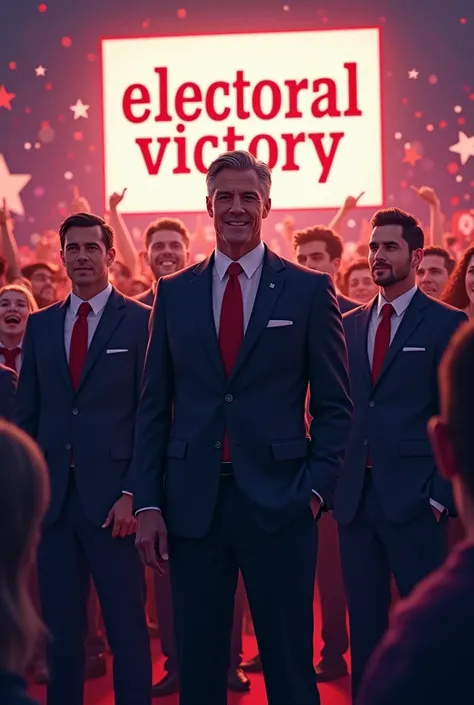   adult men dressed in suits ,  next to him there are several people who are celebrating and one more screen in the background that says "Electoral Victory” 