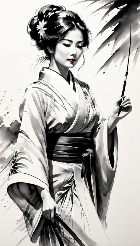 Elegant woman，japanese yukata black and white ink painting，pen sketch drawing，Loose brushstrokes，Pen outlines delicate lines，flowing action，Subtle ink tones，elegant posture，A peaceful expression，Delicate facial features，black and white，clean