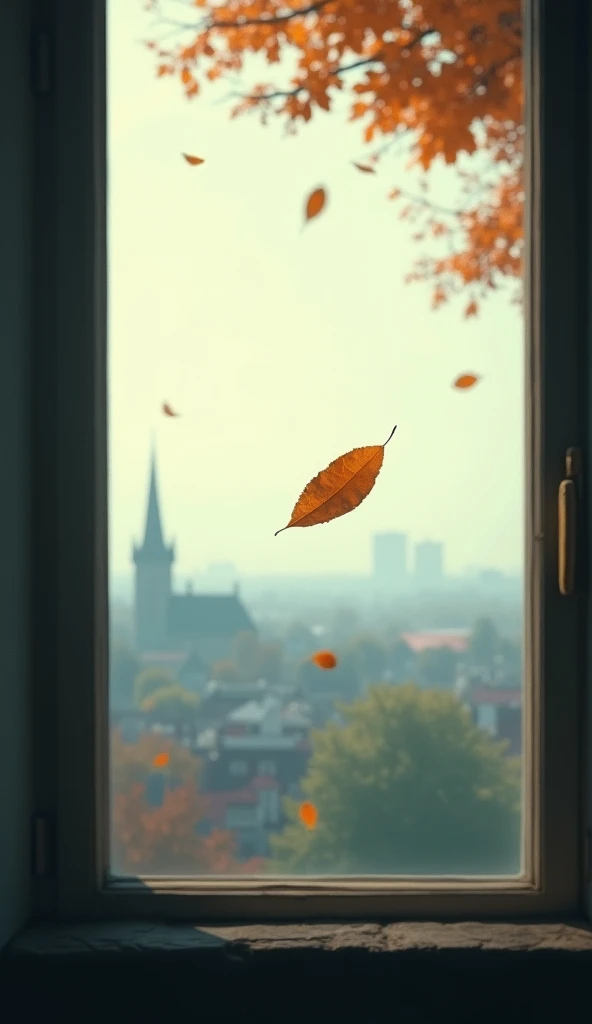 From a window you can see a blurry town and only an autumn leaf flying. 