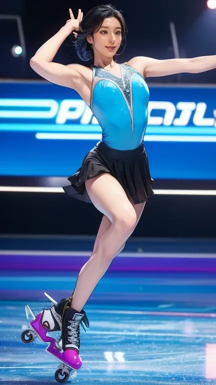 ( girl:1.1, athlete:1.1)( Roller Skates :1.1)( Dynamic Poses :1.1), Swimsuit with Skirt , blue eyes, has long eyelashes, Beautiful Detailed Lips,  Dance Maneuver on the Ice Rack Using a Vibrant Ice Rink ,  Professional Writing , high definition , realistic...