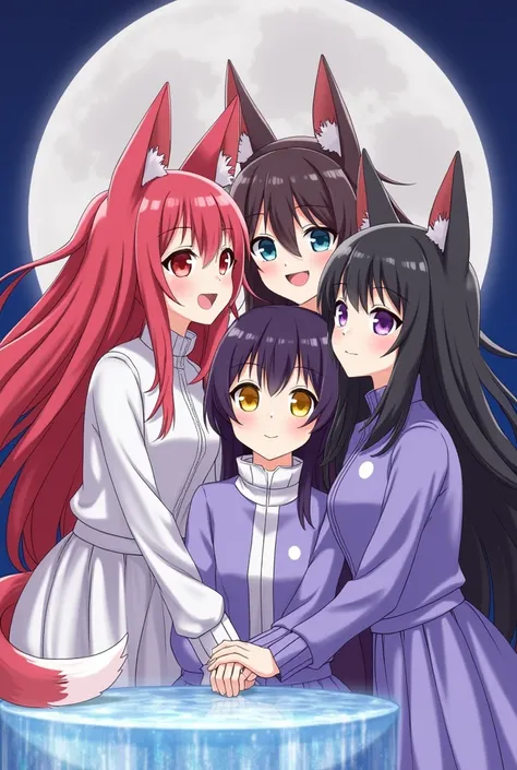 Group of female characters, one with long hair with pink fox ears and pink eyes and a high-neck shirt with long sleeves, the other with long red fox hair and yellow eyes, with a high white collar and long sleeves with the moon in the middle of the shirt, a...