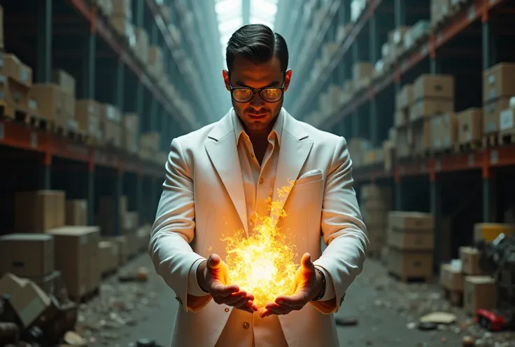 A handsome man in a white suit , glasses on eyes, villain,  in his hands holds a magic fireball ,  is standing inside an abandoned toy warehouse. 