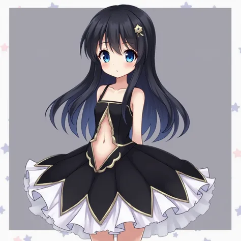 A little anime girl with blue eyes and long black hair wearing an elegant, finely detailed black dress with white edges on the bottom and a triangle-shaped opening on the front part highlighting the details of her waist.