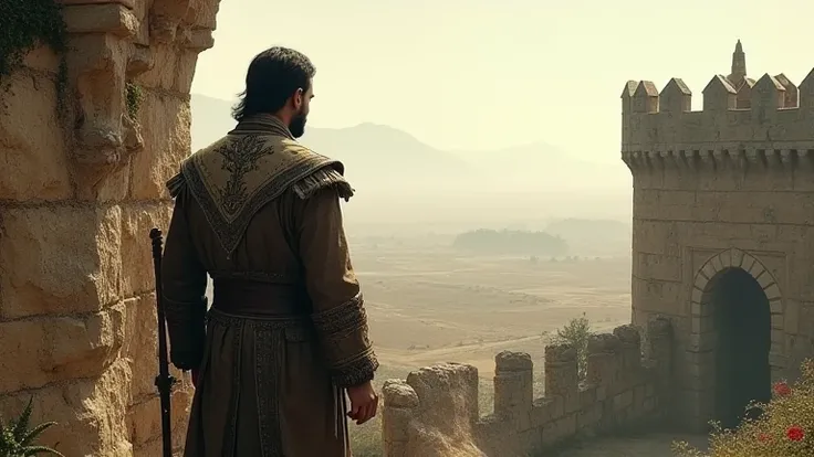 A melancholic scene of an Ottoman soldier in faded uniform, standing guard at a dilapidated fortress, gazing out over a desolate landscape.