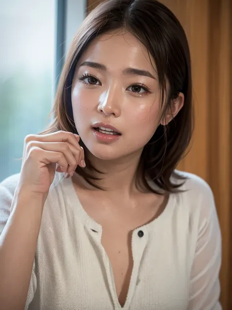 (one woman),(Japanese Multiparous woman),(milf),(30 years old),(afraid face),(embarrassed, blush ), (ecstasy),(realistic skin), (screaming with open mouth), (wearing White knits t-shirt),(brown low ponytail, realistic hair), (grabbing own chest with own bo...