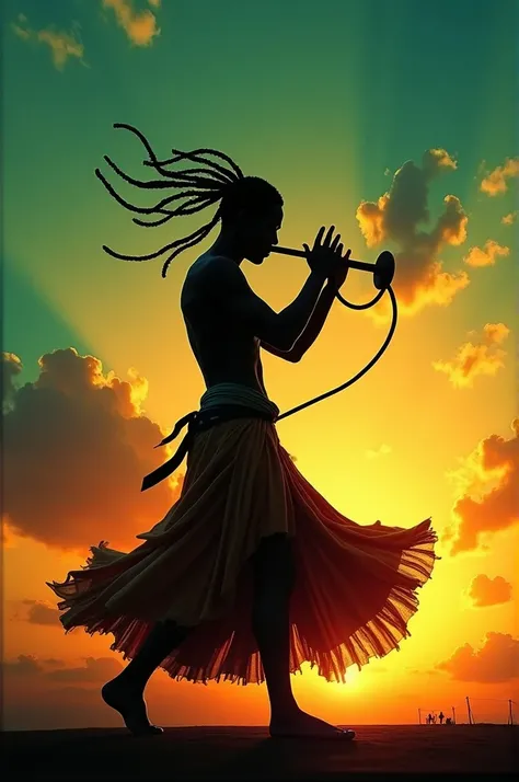 Heroina capoeirista ,  using the colors of the Brazilian flag, playing berimbau, at sunset