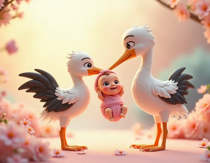 cute stork, carrying baby in its beak, inside a pink diaper, 3D image, disney pixar style, 4k, ISO 100.