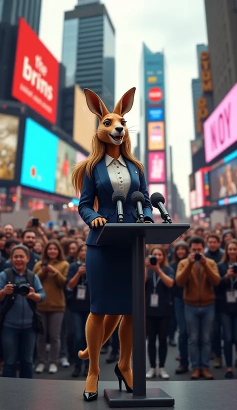 Create a hyper-realistic digital artwork featuring an anthropomorphic female kangaroo delivering a passionate speech to a large crowd in Times Square, New York City. She possesses a human-like, curvy, and feminine physique, with well-defined curves, medium...