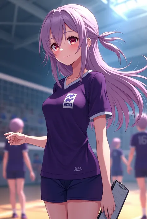 Haikyuu, in the first installment, is a pretty girl manager with purplish-silver hair, red-violet eyes, of the Negoma School mens volleyball team.