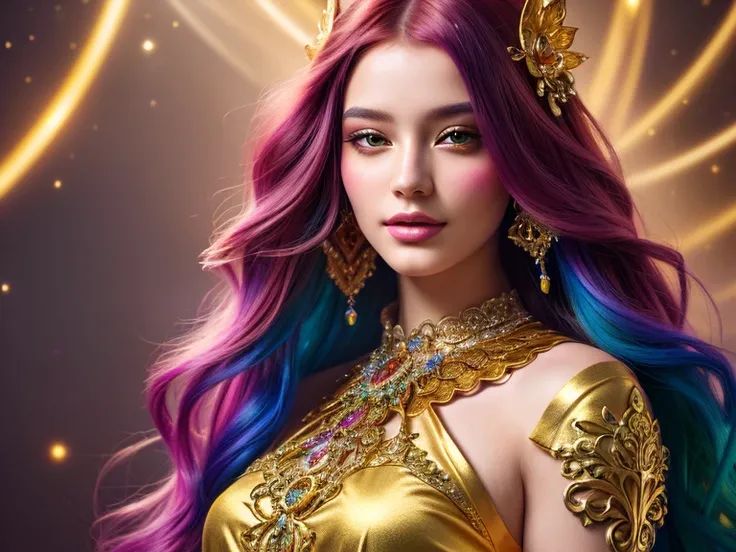 Painted woman with colorful hair and golden dress posing for a photo, beautiful Fantasy Art Portrait, intricate chatter,  stunning digital illustration,  Beautiful digital art ,  beautiful digital art , beautiful Fantasy portrait  , Fantasy Art Portrait, c...