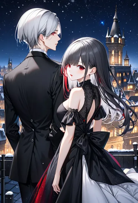 (ultra beautiful and delicate), (immensely beautiful illustration), (back style, one boy and one girl), break, a boy is (crew hair, vivid silver hair, very short hair), (ultra cool red eyes), (in a butler clothes), a girl is ((3:7 parted blunt, slicked-bac...