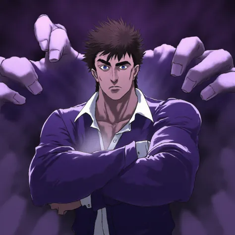 A Man 30 years old , Character Anime face like L in deathnote, sharp jawline, serious, authority , aura, fearless,purple eyes, dressed in purple , hair black , Anime 4K Realistic , strong like superman no background 