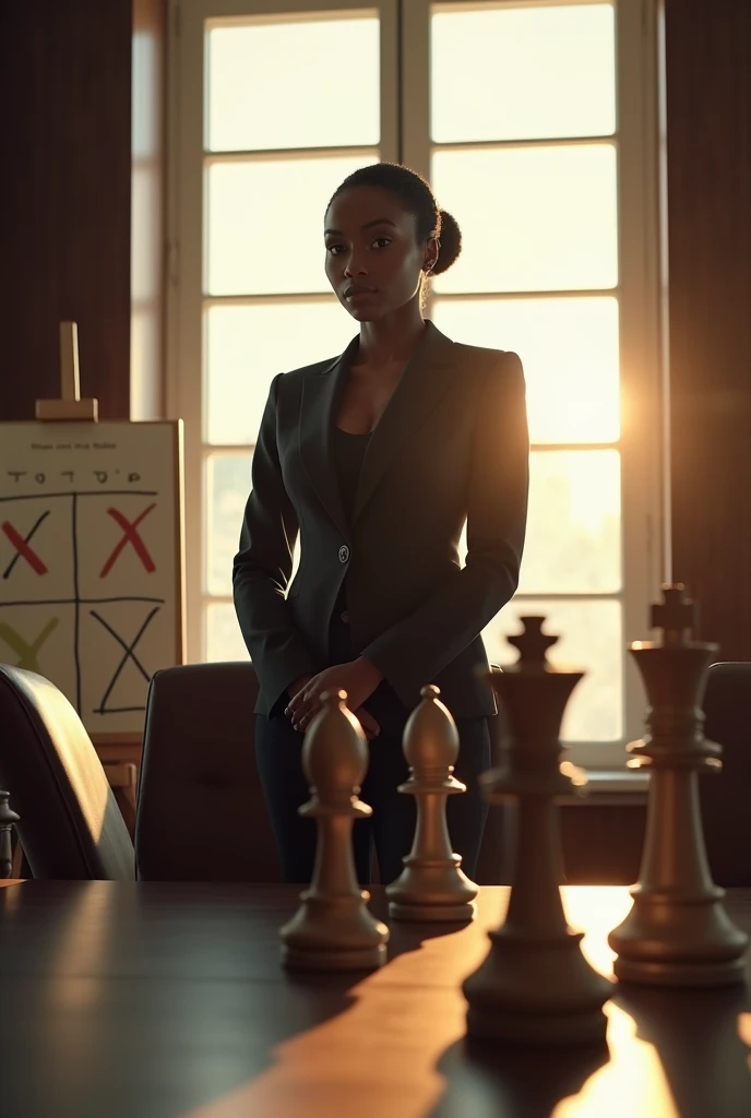 A powerful black American woman in a sophisticated, tailored suit standing confidently in an executive boardroom. She is positioned in front of a large window with bright sunlight streaming in, creating a dramatic backlighting effect that silhouettes her f...