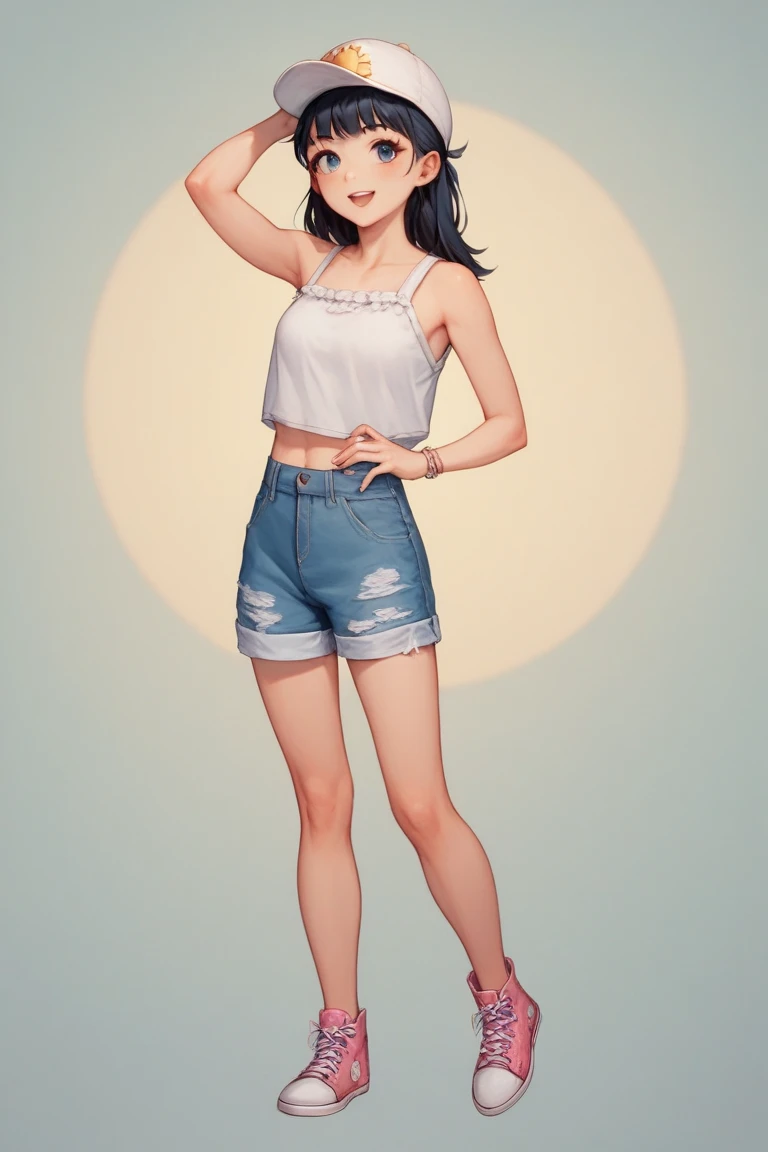 A slender young girl with a youthful, cheerful appearance, wearing a light blue denim overall (salopette) over a refreshing summer-style white short-sleeved blouse with light, breathable fabric. She has shoulder-length black hair that extends slightly to h...