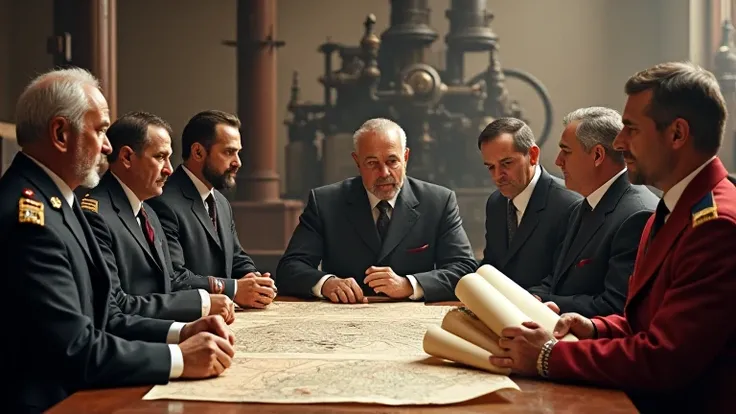 A meeting during the Tanzimat reforms: Ottoman officials in European-style uniforms holding scrolls and maps, with industrial symbols like steam engines and printing presses in the background.